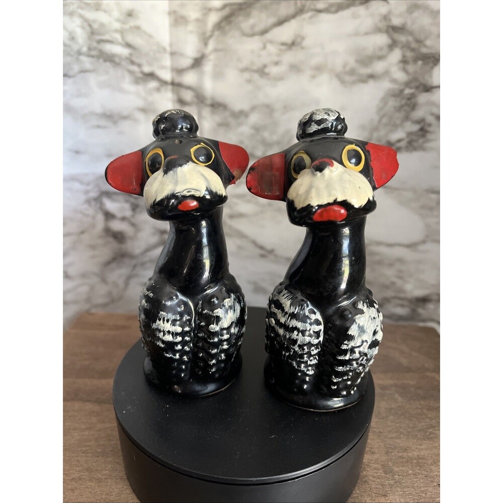 Vintage Black Poodle Salt Pepper Shakers 1960's Japan Red Ears Chin Yellow Eyes